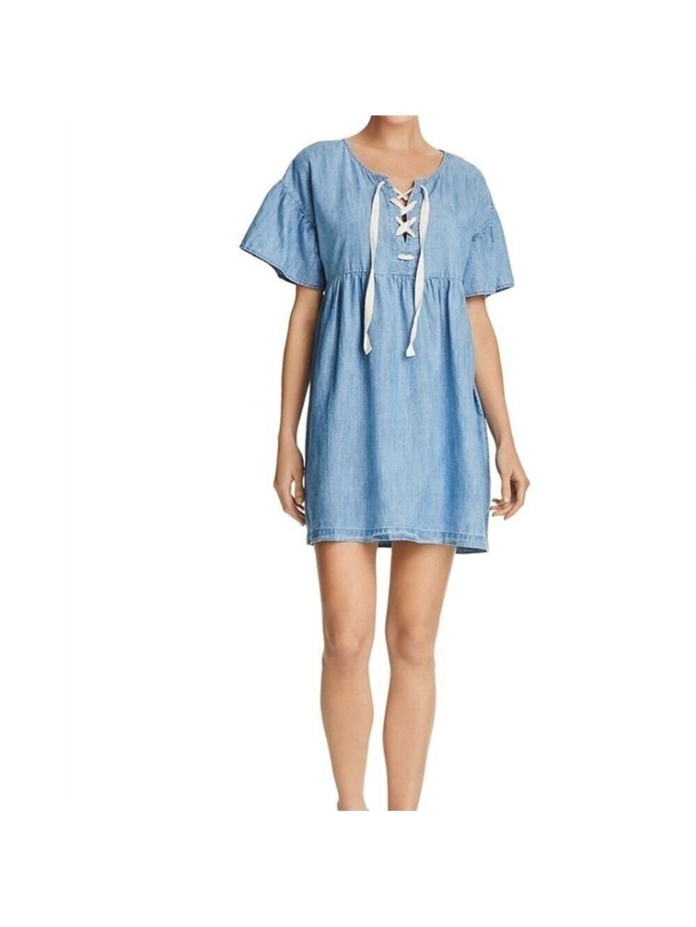 Joie Womens Lace Up Chambray Dress, Denim Jean Blue Cotton blend Sz M